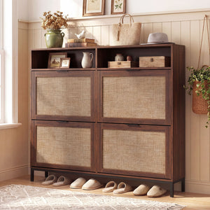 Shoe Storage Cabinet with 4 Flip Drawers Narrow Freestanding Shoe Organizer with Adjustable Shelves-Brown
