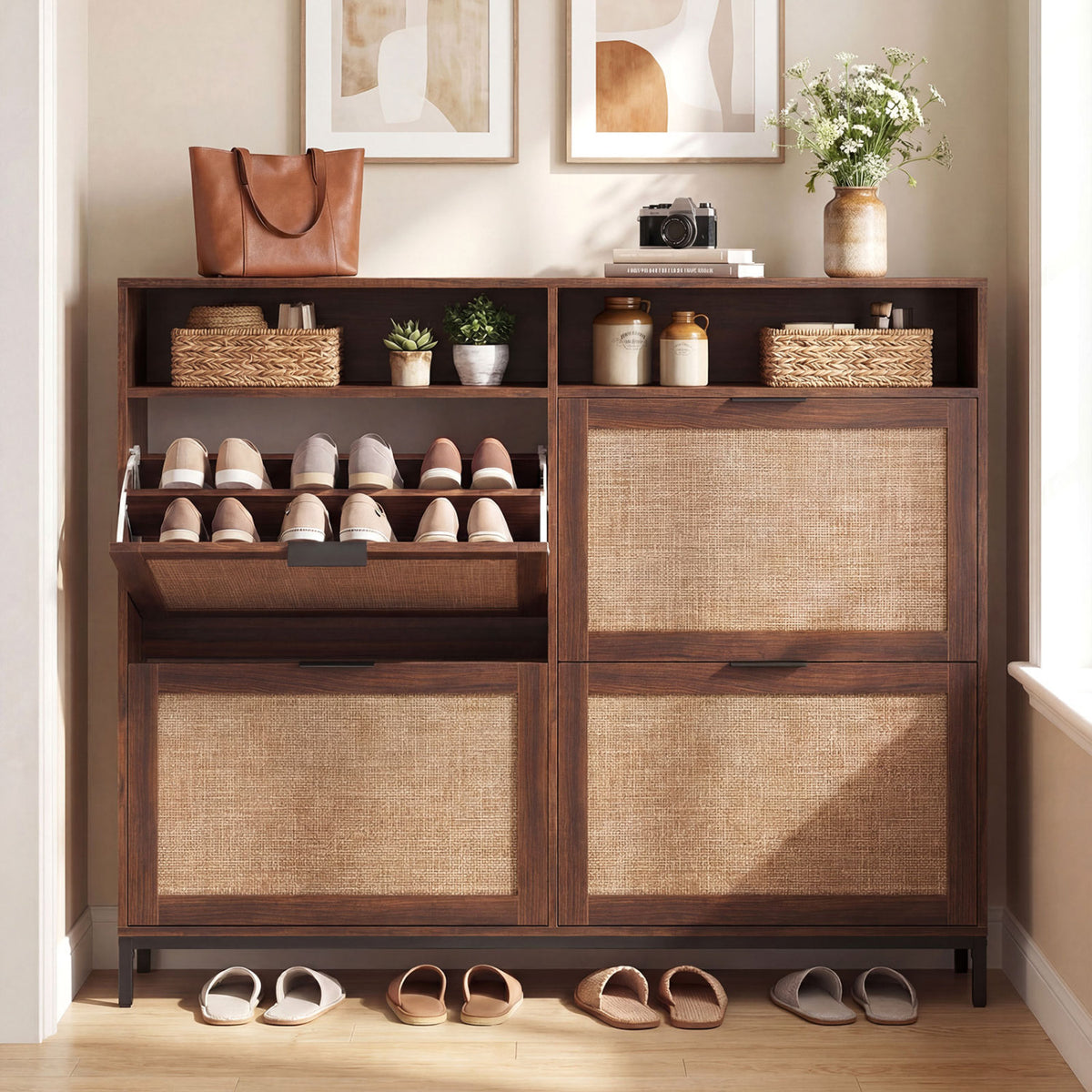 Shoe Storage Cabinet with 4 Flip Drawers Narrow Freestanding Shoe Organizer with Adjustable Shelves-Brown