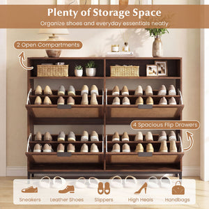 Shoe Storage Cabinet with 4 Flip Drawers Narrow Freestanding Shoe Organizer with Adjustable Shelves-Brown