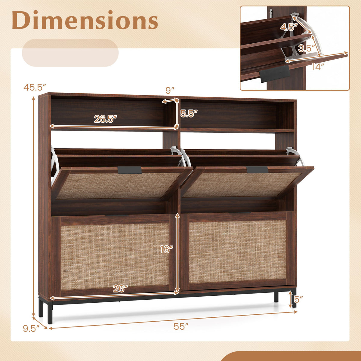 Shoe Storage Cabinet with 4 Flip Drawers Narrow Freestanding Shoe Organizer with Adjustable Shelves-Brown