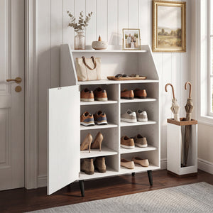 Shoe Storage Cabinet with 2-Tier Open Compartment and 4-Tier Adjustable Shelf-White