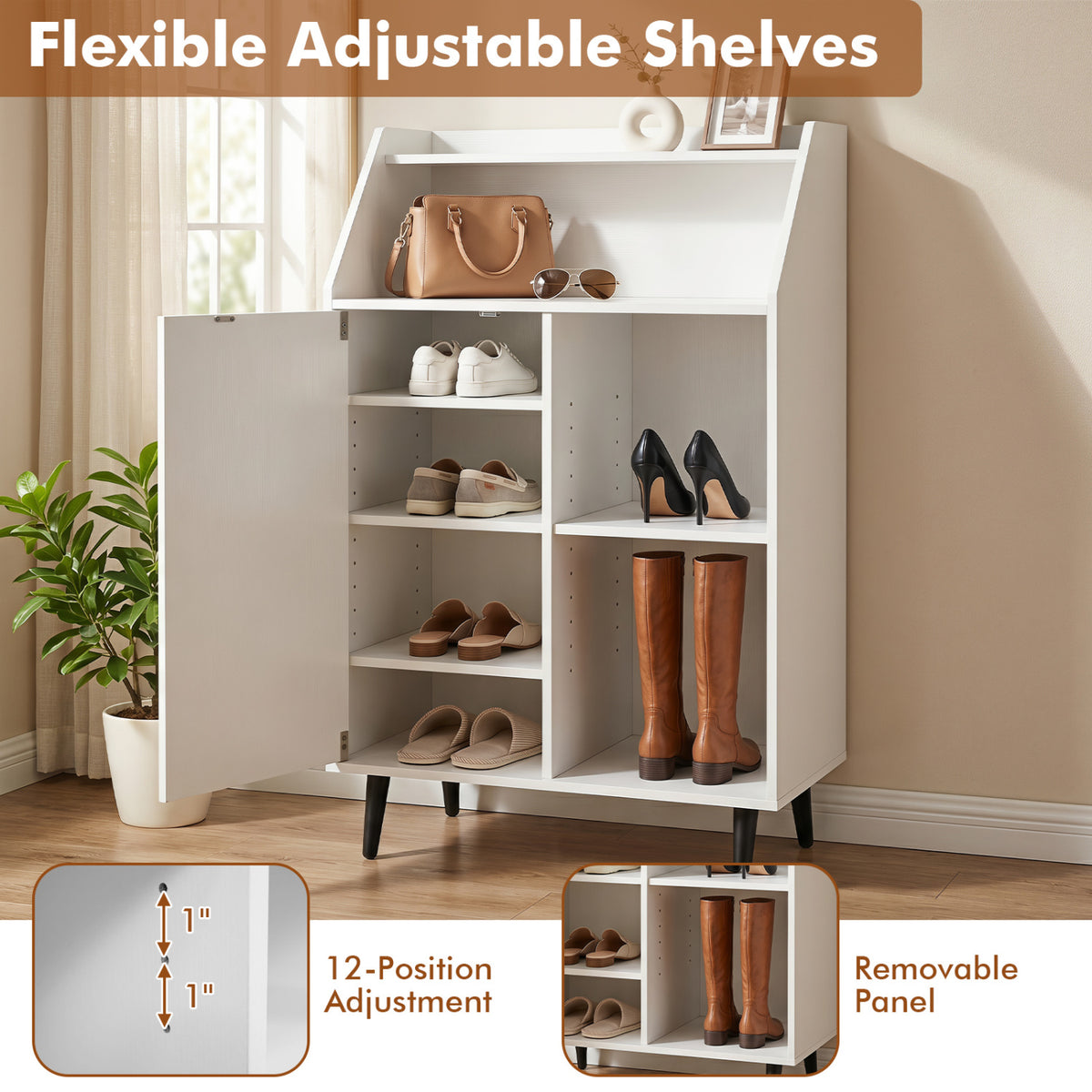 Shoe Storage Cabinet with 2-Tier Open Compartment and 4-Tier Adjustable Shelf-White