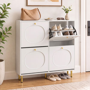 Shoe Storage Cabinet with 4 Flip Drawers and Aluminum Legs-White