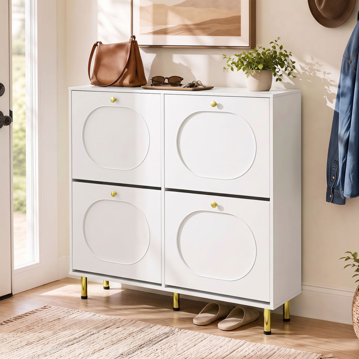 Shoe Storage Cabinet with 4 Flip Drawers and Aluminum Legs-White