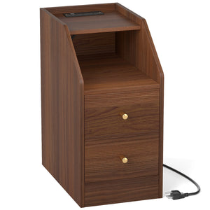 Side End Table with Charging Station Sofa Couch Table with Shelf Drawers-Walnut
