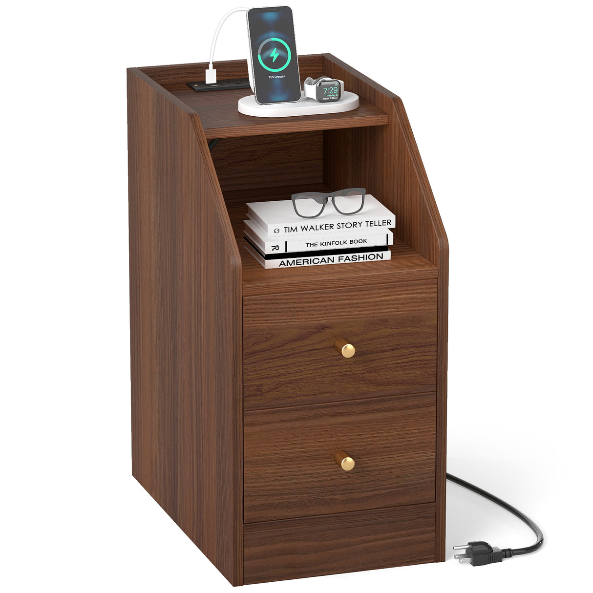 Side End Table with Charging Station Sofa Couch Table with Shelf Drawers-Walnut