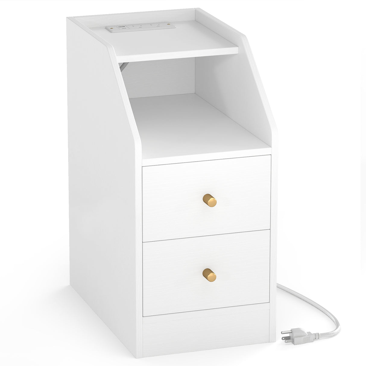 Side End Table with Charging Station Sofa Couch Table with Shelf Drawers-White
