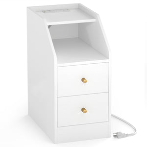 Side End Table with Charging Station Sofa Couch Table with Shelf Drawers-White