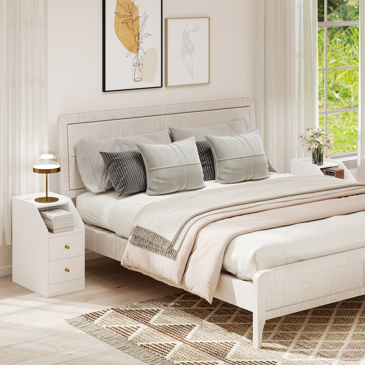 Side End Table with Charging Station Sofa Couch Table with Shelf Drawers-White