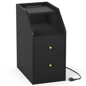 Side End Table with Charging Station Sofa Couch Table with Shelf Drawers-Black
