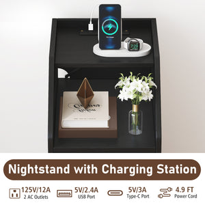 Side End Table with Charging Station Sofa Couch Table with Shelf Drawers-Black