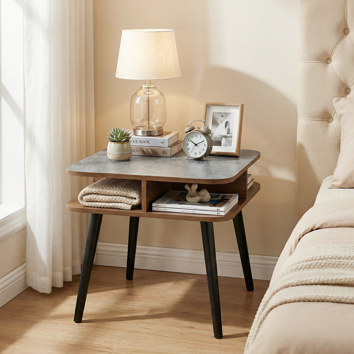 Side Table Faux Marble End Table with Storage Shelves and Rubber Wood Legs-Walnut