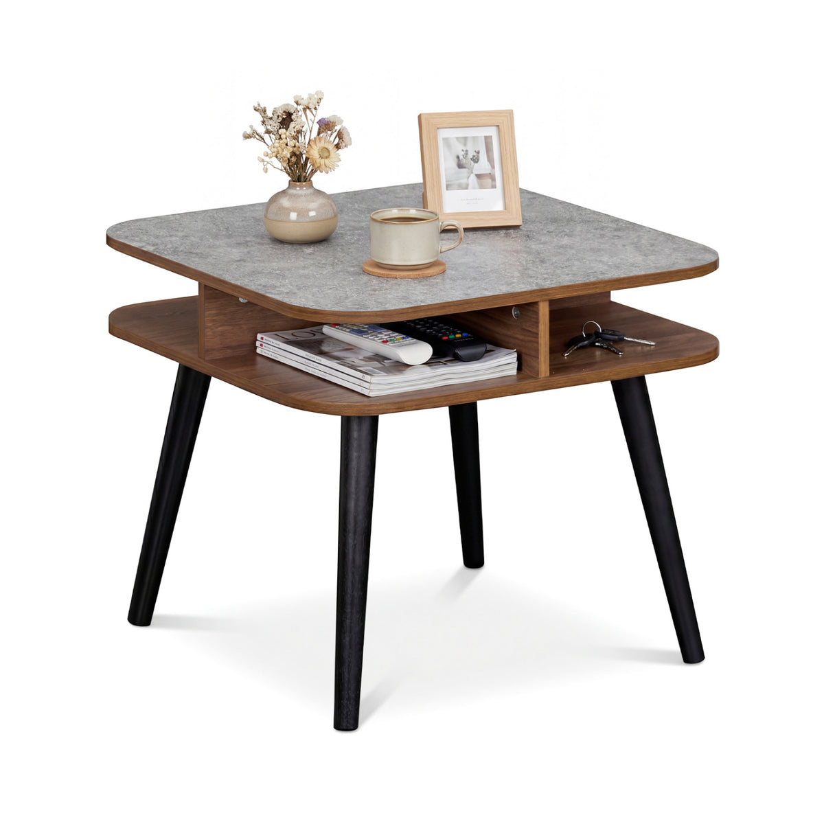 Side Table Faux Marble End Table with Storage Shelves and Rubber Wood Legs-Walnut