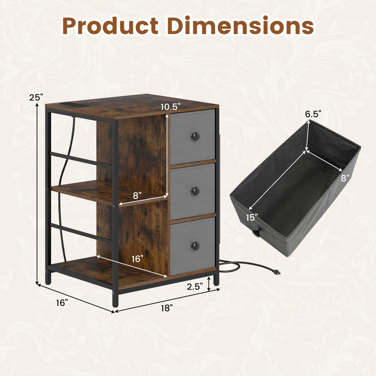 Side Table with Charging Station Industrial Nightstand with Open Shelves-Rustic Brown
