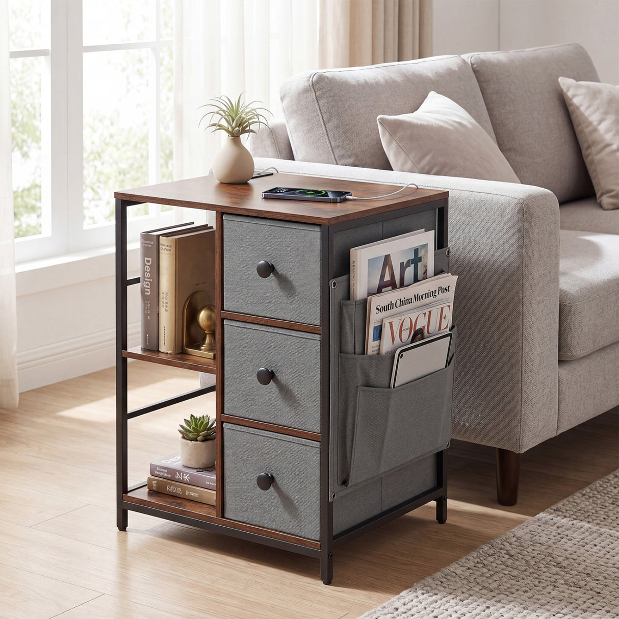 Side Table with Charging Station Industrial Nightstand with Open Shelves-Rustic Brown