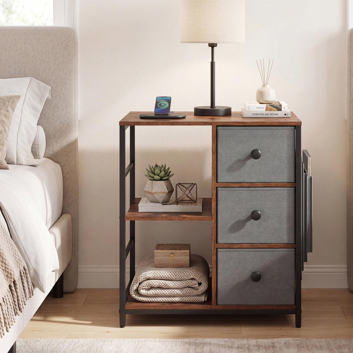 Side Table with Charging Station Industrial Nightstand with Open Shelves-Rustic Brown