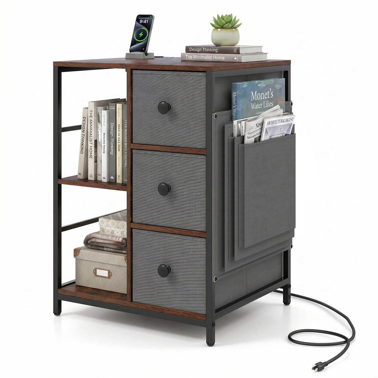 Side Table with Charging Station Industrial Nightstand with Open Shelves-Rustic Brown