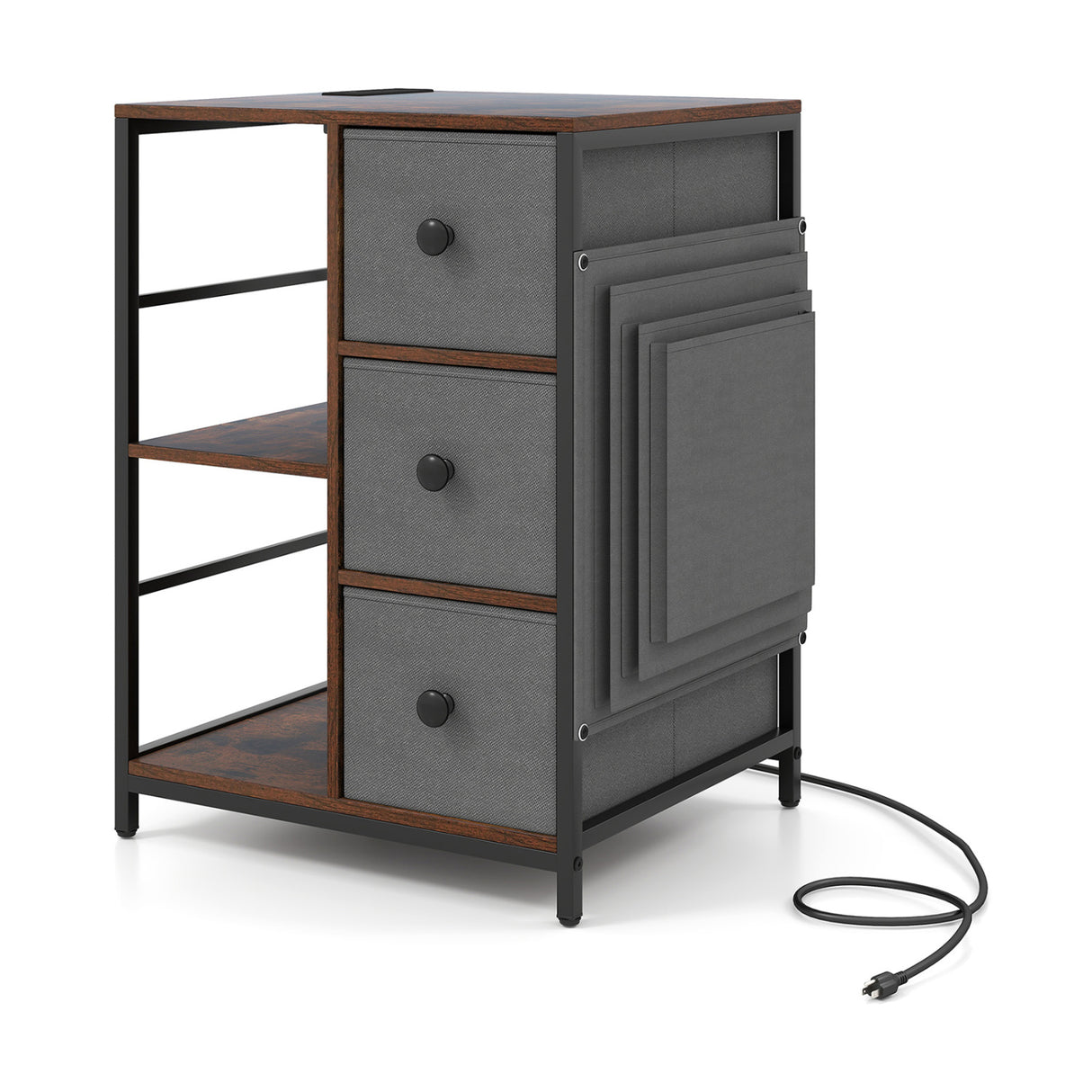Side Table with Charging Station Industrial Nightstand with Open Shelves-Rustic Brown