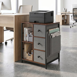 Side Table with Charging Station Industrial Nightstand with Open Shelves-Rustic Brown