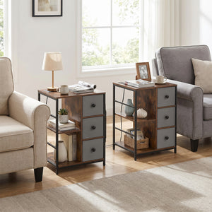 Side Table with Charging Station Industrial Nightstand with Open Shelves-Rustic Brown