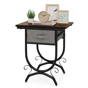 Side Table with Fabric Drawer and Carved Metal Frame for Living Room