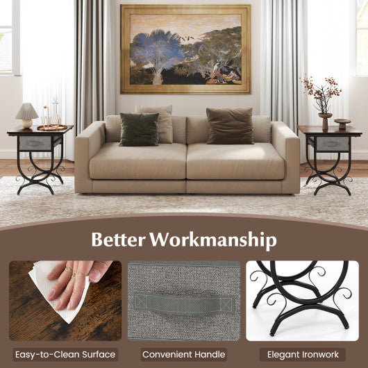 Side Table with Fabric Drawer and Carved Metal Frame for Living Room