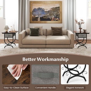 Side Table with Fabric Drawer and Carved Metal Frame for Living Room