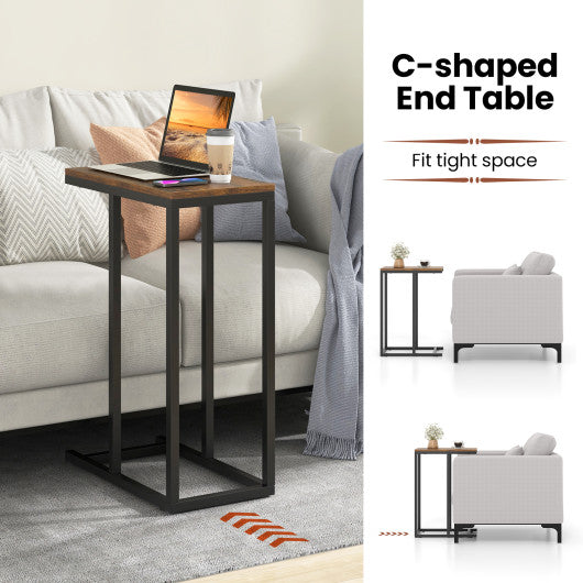C-shaped Side Table with Heavy-duty Metal Frame-Rustic Brown