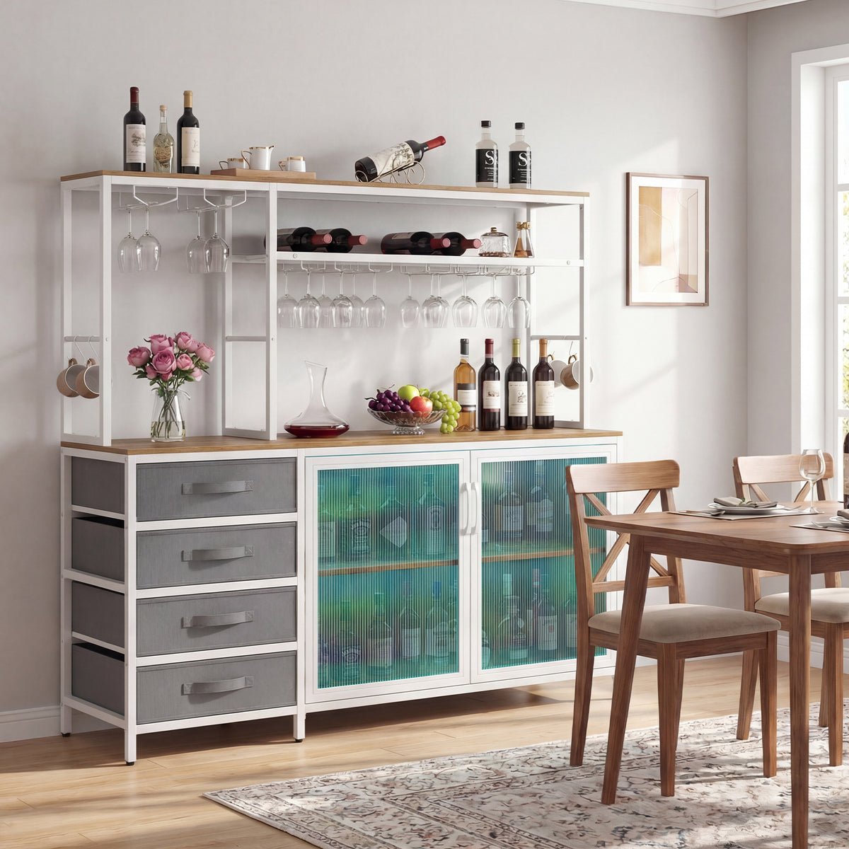 Sideboard Buffet Cabinet with LED Lights 55 inch Coffee Table with Power Outlets-Natural
