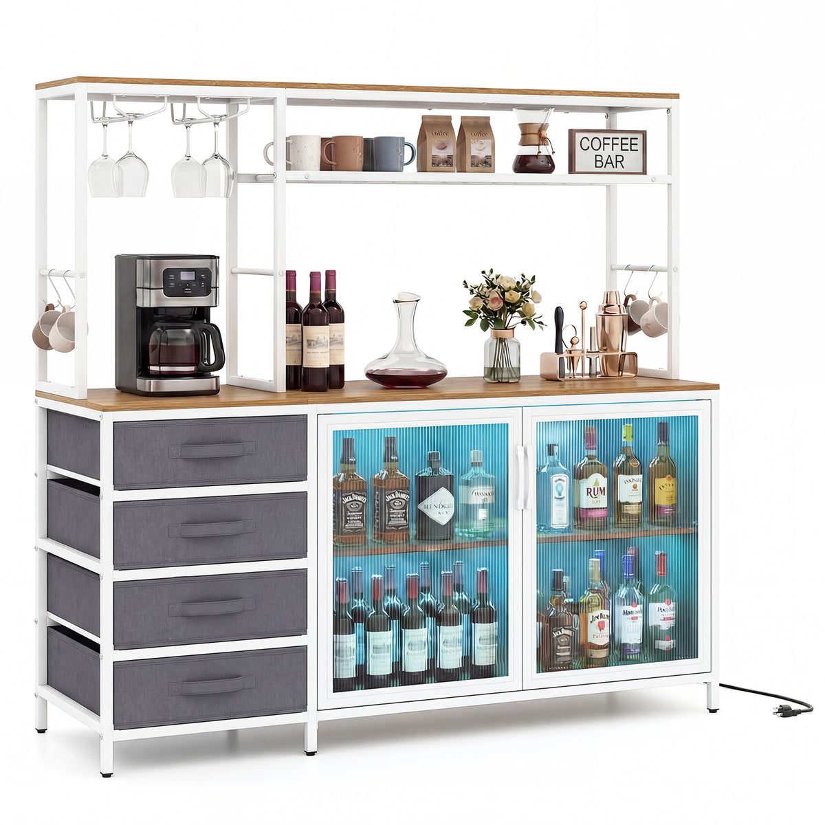 Sideboard Buffet Cabinet with LED Lights 55 inch Coffee Table with Power Outlets-Natural