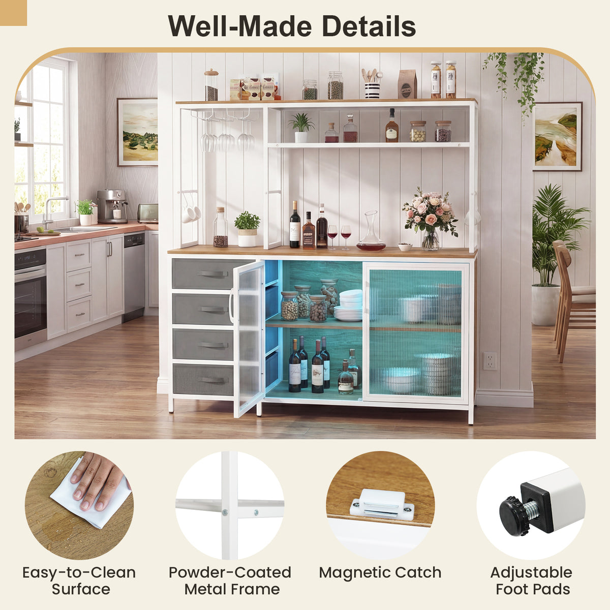 Sideboard Buffet Cabinet with LED Lights 55 inch Coffee Table with Power Outlets-Natural