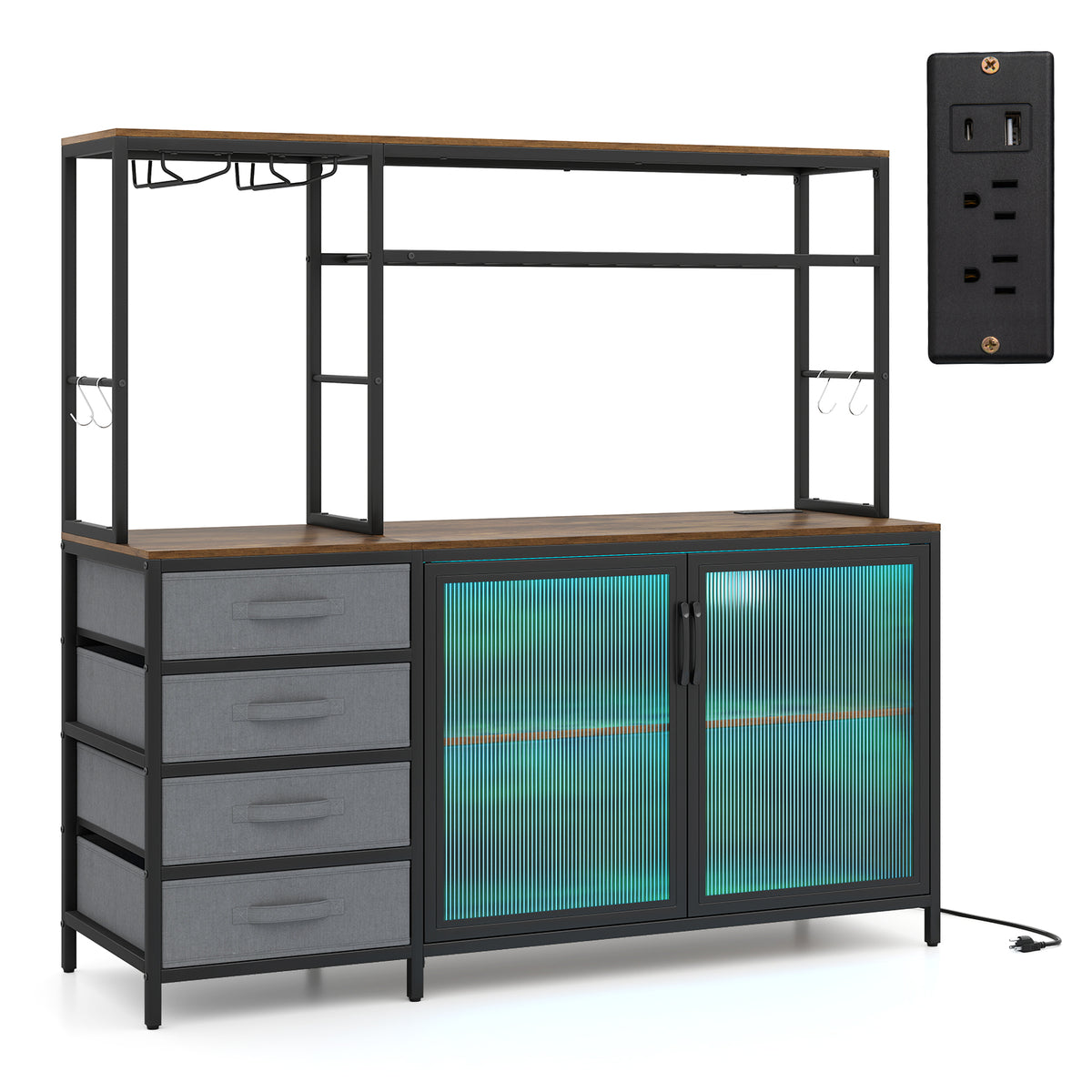 Sideboard Buffet Cabinet with LED Lights 55 inch Coffee Table with Power Outlets-Rustic Brown