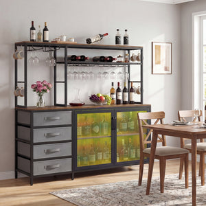Sideboard Buffet Cabinet with LED Lights 55 inch Coffee Table with Power Outlets-Rustic Brown