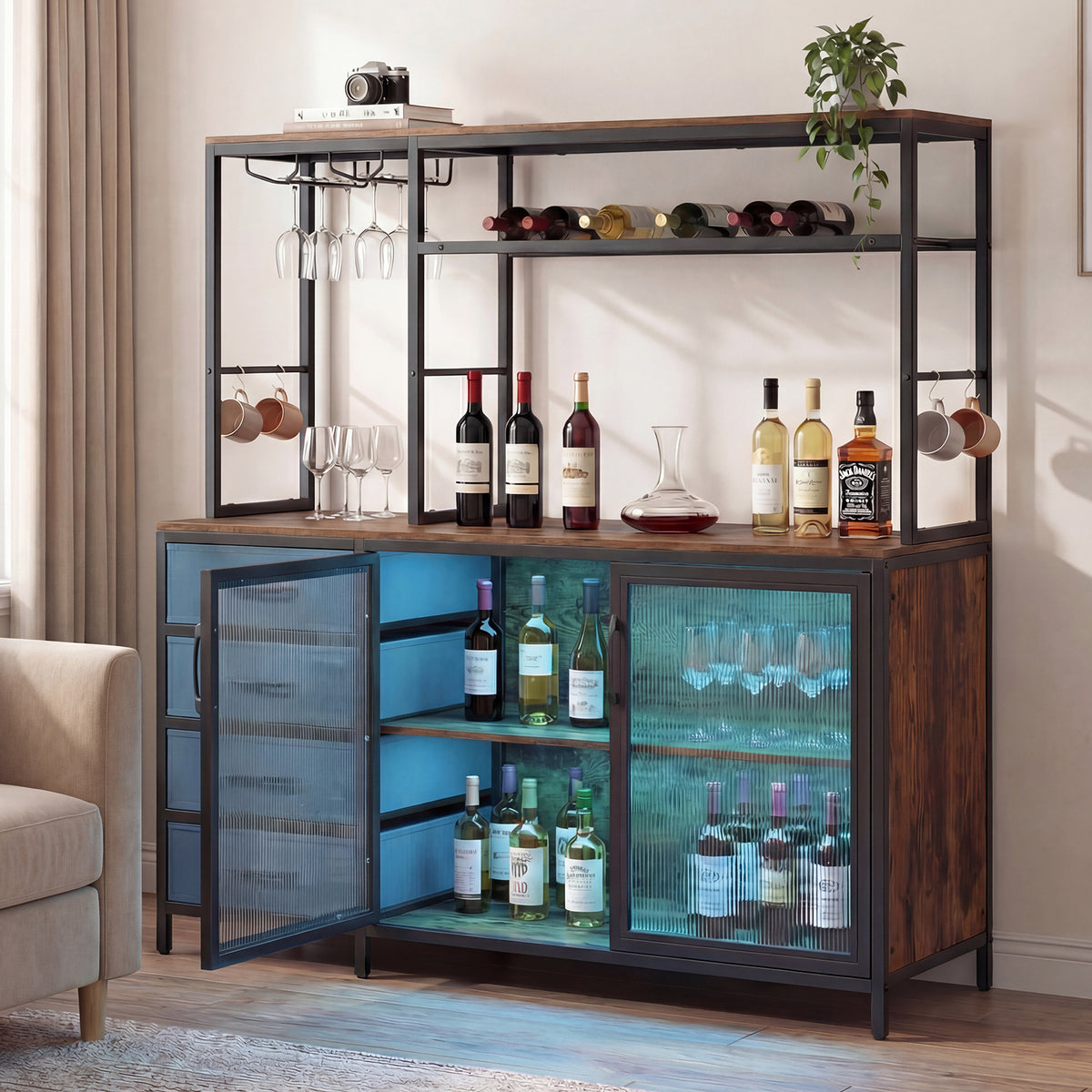 Sideboard Buffet Cabinet with LED Lights 55 inch Coffee Table with Power Outlets-Rustic Brown