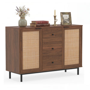 Sideboard Buffet Cabinet Rustic Farmhouse Coffee Bar Table with 2 Rattan Doors and 3 Drawers-Brown