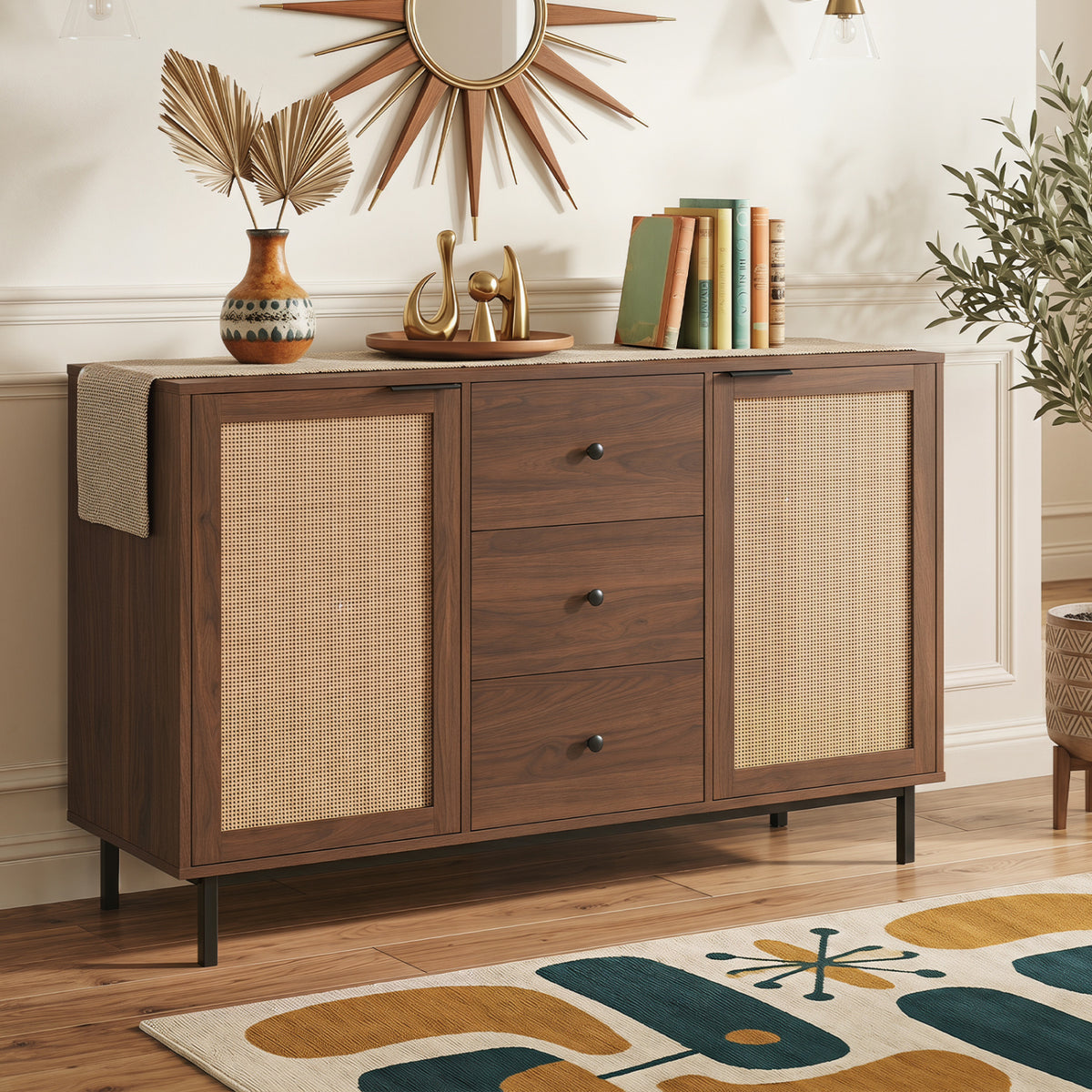 Sideboard Buffet Cabinet Rustic Farmhouse Coffee Bar Table with 2 Rattan Doors and 3 Drawers-Brown