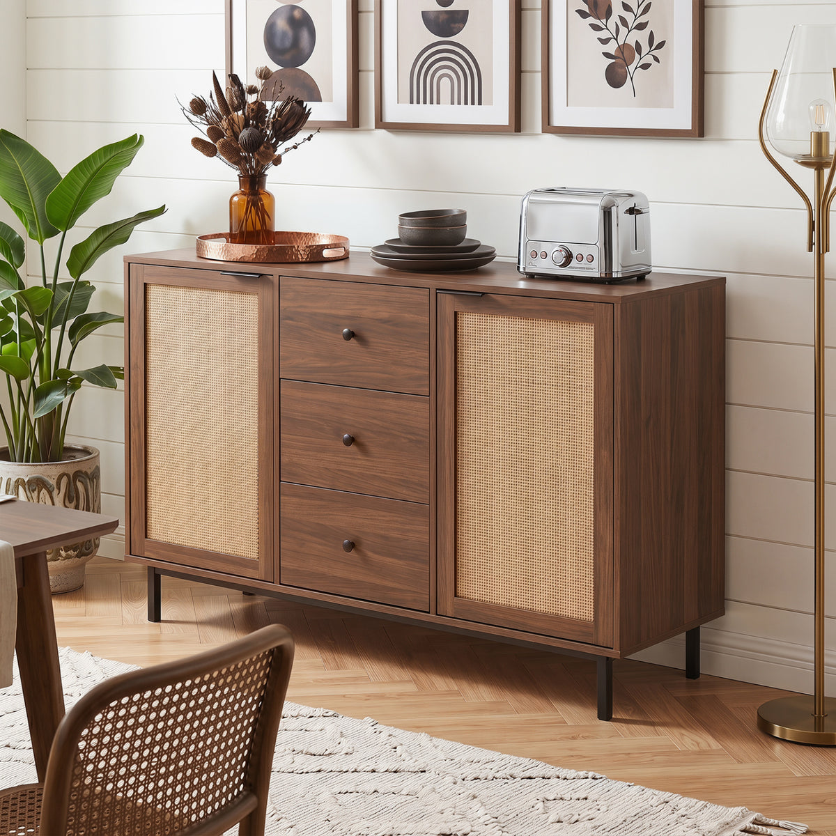 Sideboard Buffet Cabinet Rustic Farmhouse Coffee Bar Table with 2 Rattan Doors and 3 Drawers-Brown