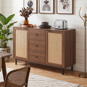 Sideboard Buffet Cabinet Rustic Farmhouse Coffee Bar Table with 2 Rattan Doors and 3 Drawers-Brown