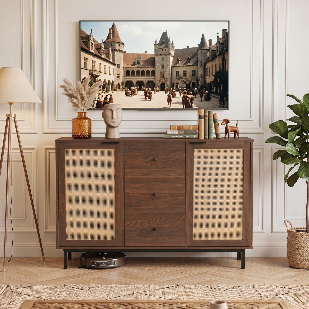 Sideboard Buffet Cabinet Rustic Farmhouse Coffee Bar Table with 2 Rattan Doors and 3 Drawers-Brown