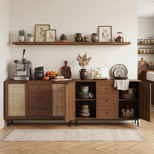 Sideboard Buffet Cabinet Rustic Farmhouse Coffee Bar Table with 2 Rattan Doors and 3 Drawers-Brown