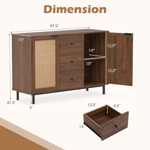 Sideboard Buffet Cabinet Rustic Farmhouse Coffee Bar Table with 2 Rattan Doors and 3 Drawers-Brown