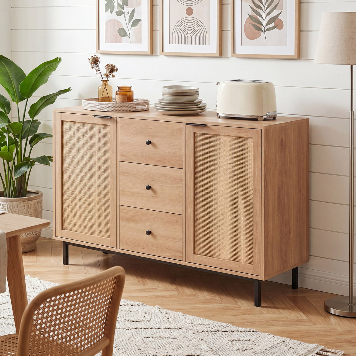 Sideboard Buffet Cabinet Rustic Farmhouse Coffee Bar Table with 2 Rattan Doors and 3 Drawers-Natural