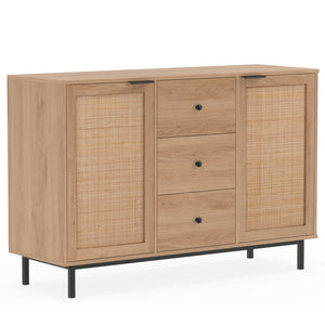 Sideboard Buffet Cabinet Rustic Farmhouse Coffee Bar Table with 2 Rattan Doors and 3 Drawers-Natural