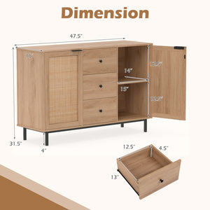 Sideboard Buffet Cabinet Rustic Farmhouse Coffee Bar Table with 2 Rattan Doors and 3 Drawers-Natural