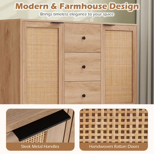 Sideboard Buffet Cabinet Rustic Farmhouse Coffee Bar Table with 2 Rattan Doors and 3 Drawers-Natural
