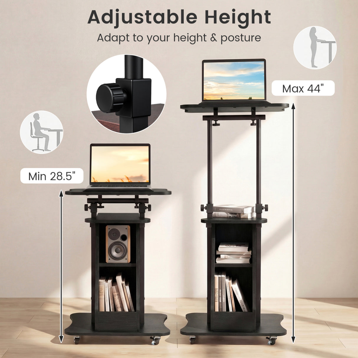 Sit-to-Stand Laptop Desk Cart Height Adjustable with Storage-Black