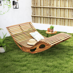 Slatted Acacia 2-Seat Patio Dual Rocker Sunbed Wood Lounger with Ergonomic Curved Seat