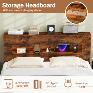 Slatted Full Bed Frame with LED Lights and Storage Headboard No Box Spring Needed-Full Size