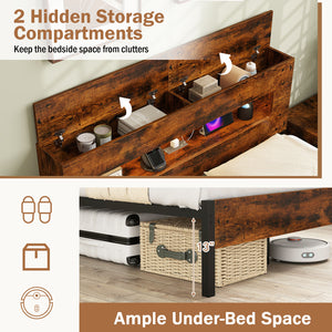 Slatted Full Bed Frame with LED Lights and Storage Headboard No Box Spring Needed-Full Size