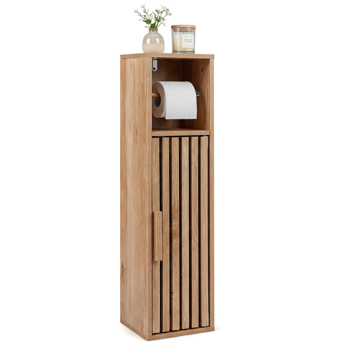 Slim Bathroom Cabinets Freestanding Toilet Paper Holder Stand with Door-Natural